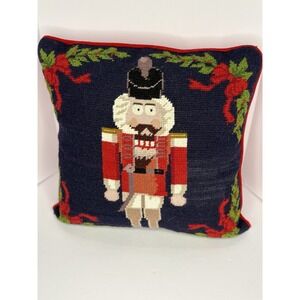 Needlepoint Nutcracker Pillow New Zealand Wool Yarn  Cotton Velveteen Red Back